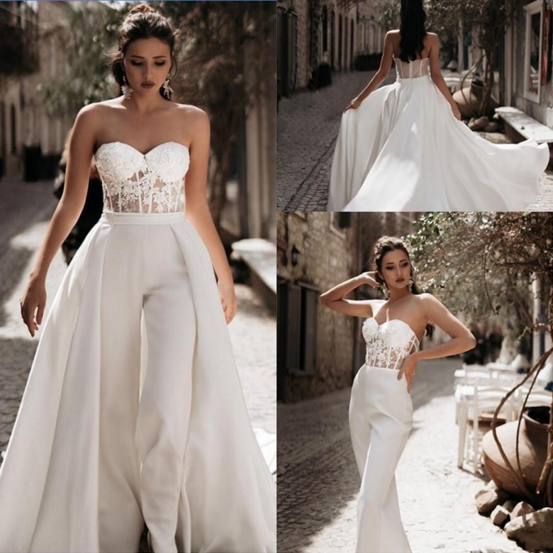 

New White Jumpsuits A Line Wedding Dresses 2020 Sweetheart Lace Satin With Overskirts Bridal Gowns Pants Dress Vestidos De Novia, Ivory