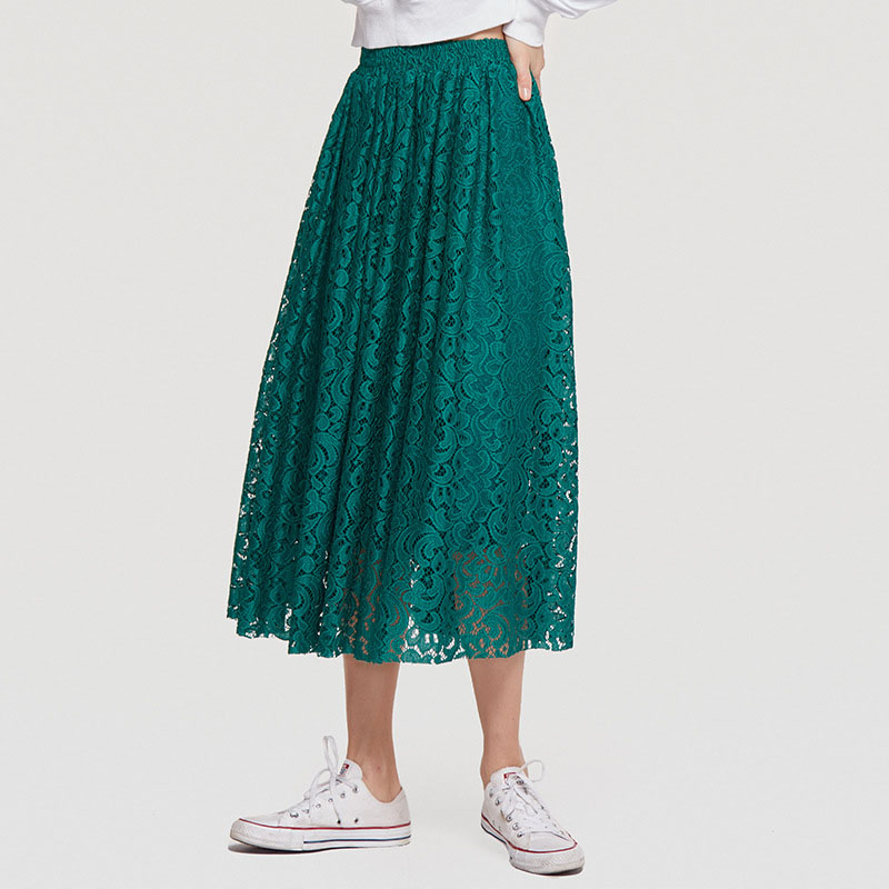 

Women' Lace Skirt Europe and America New Retro Solid Color A-line Long Skirt Elegant Elastic Waist Plus Size Skirts Falda ML363, Black