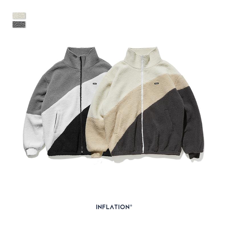 

Autumn Youth Men's New Loose Retro Streetwear Lambskin Thick Lapels Pocket Jacket Stitching Contrast Color Polyester, Grey