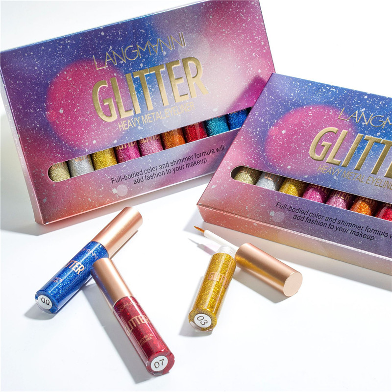 

Langmanni 10 Pcs/Set Glitter Eyeliner Pen Makeup Liquid Eyeshadow Highlighter Easy to Wear Beauty Make Up Cosmetics Kits, 1 lot=1 box=10 pcs