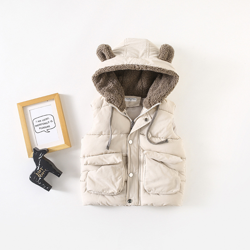 

Winter New Arrival korean style cotton pure color fashion thickened and warm hooded vest for cute baby girls and boys, Beige