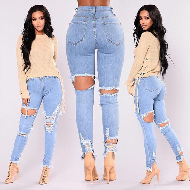 

Foreign Trade Online Celebrity Jeans Women's Slim Fit with Holes Export Jeans Tassels Foot Mouth Skinny Pants, Blue