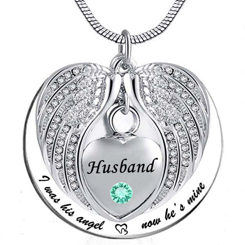 

Angel Wing Memorial Keepsake Ashes Urn Pendant Birthstone crystal Necklace, i used to be his angle, now he's mine -for Husband
