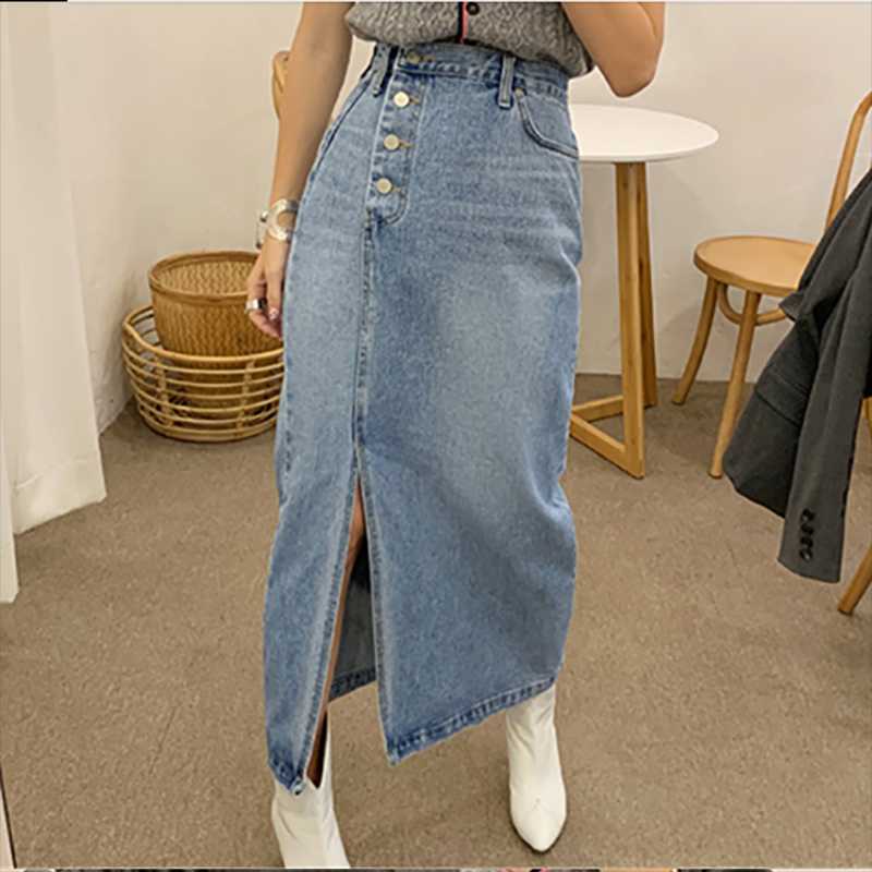 

Kalenmos Denim Skirt Women Blue High Waist Side Split 2020 Spring Summer Single-breasted Elegant Ladies Casual Long Jeans Skirts