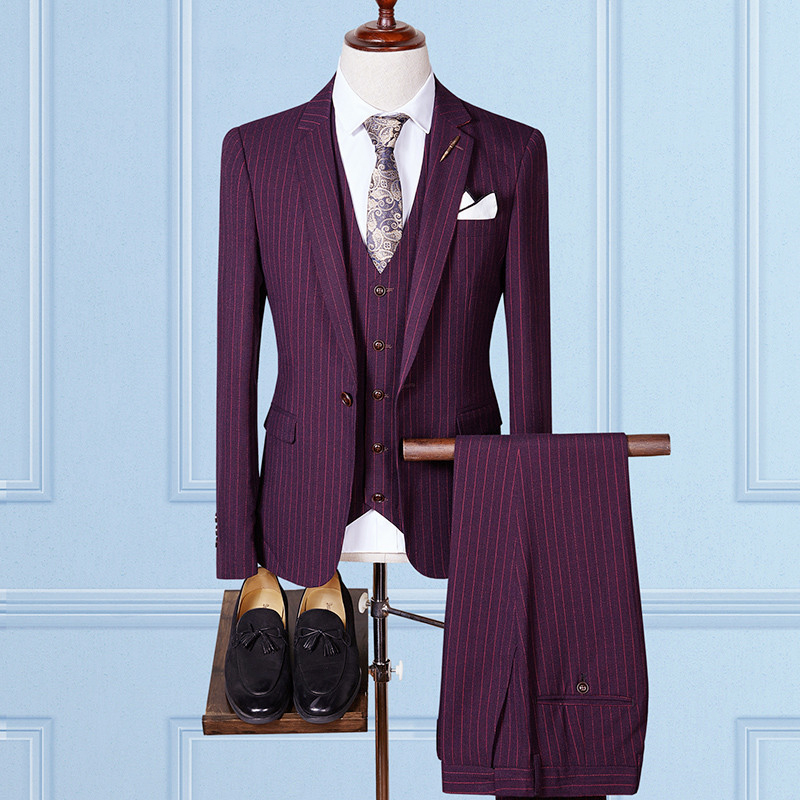 

2020 Purple Suits Men's High Quality Striped Business Prom Party Tuxedo for Men Groom Wedding Suits 3 Piece Set, Brown