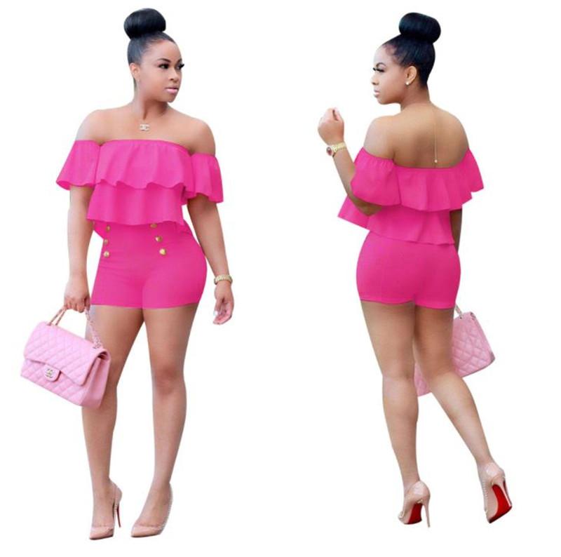 

Summer High Waist Shorts Womens Casual Sets Solid Color Sexy Ladies Clothing Pleated Ruffle Sleeve Womens 2PCS Sets