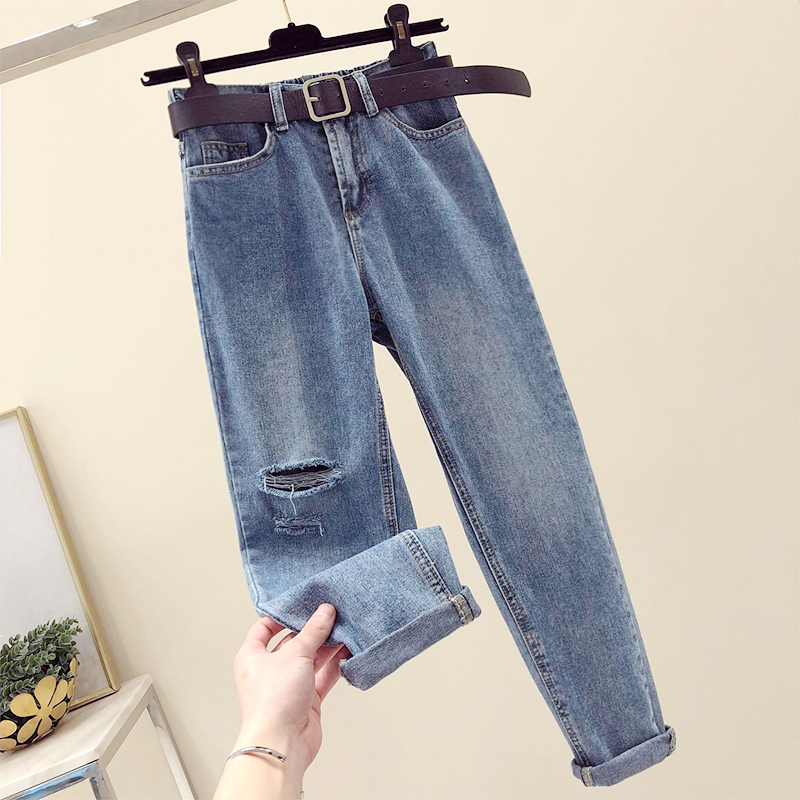 

Spring Hole Denim jean for woman High Waist Pants Vintage skinny jean High Waist femme ripped boyfriend jeans, Blue