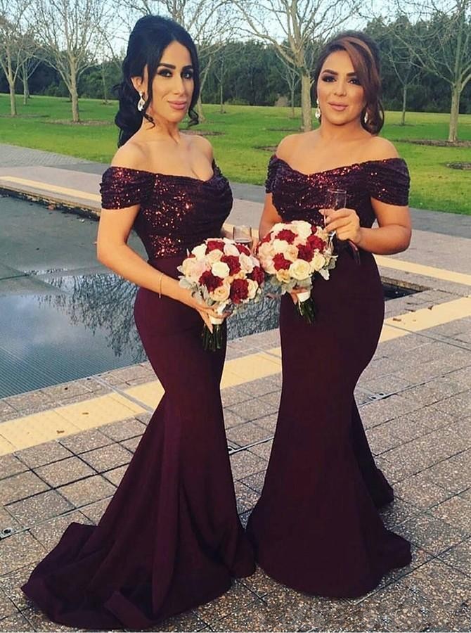 

Burgundy Off the Shoulder Mermaid Long Bridesmaid Dresses Sparkling Sequined Top Wedding Guest Dresses Plus Size Maid of Honor Gowns