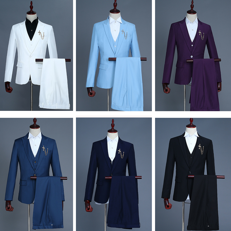 

2020 Men groom dress groomsman dress Korean version slim suit show host suit colorful silk brocade three-piece set, 20