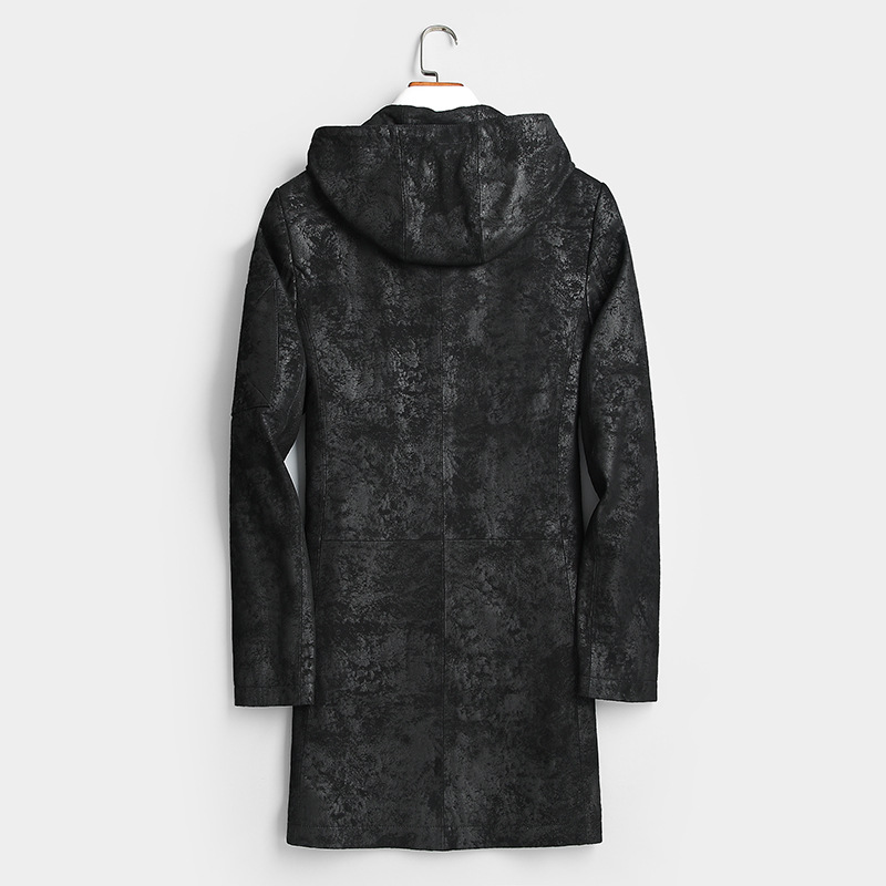 

Genuine Jacket Hooded Men's 200% Goatskin Coat Mens Print Leather Jackets Windbreaker Chaqueta Cuero Hombre 9902 YY554, Black