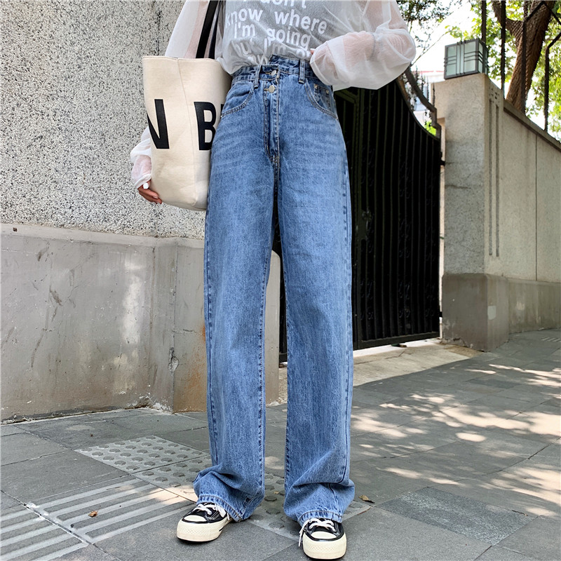 

XL 2colors spring and autumn korean chic style women irregular denim Pants high waist jeans for women straight pants (Z8731, Beige