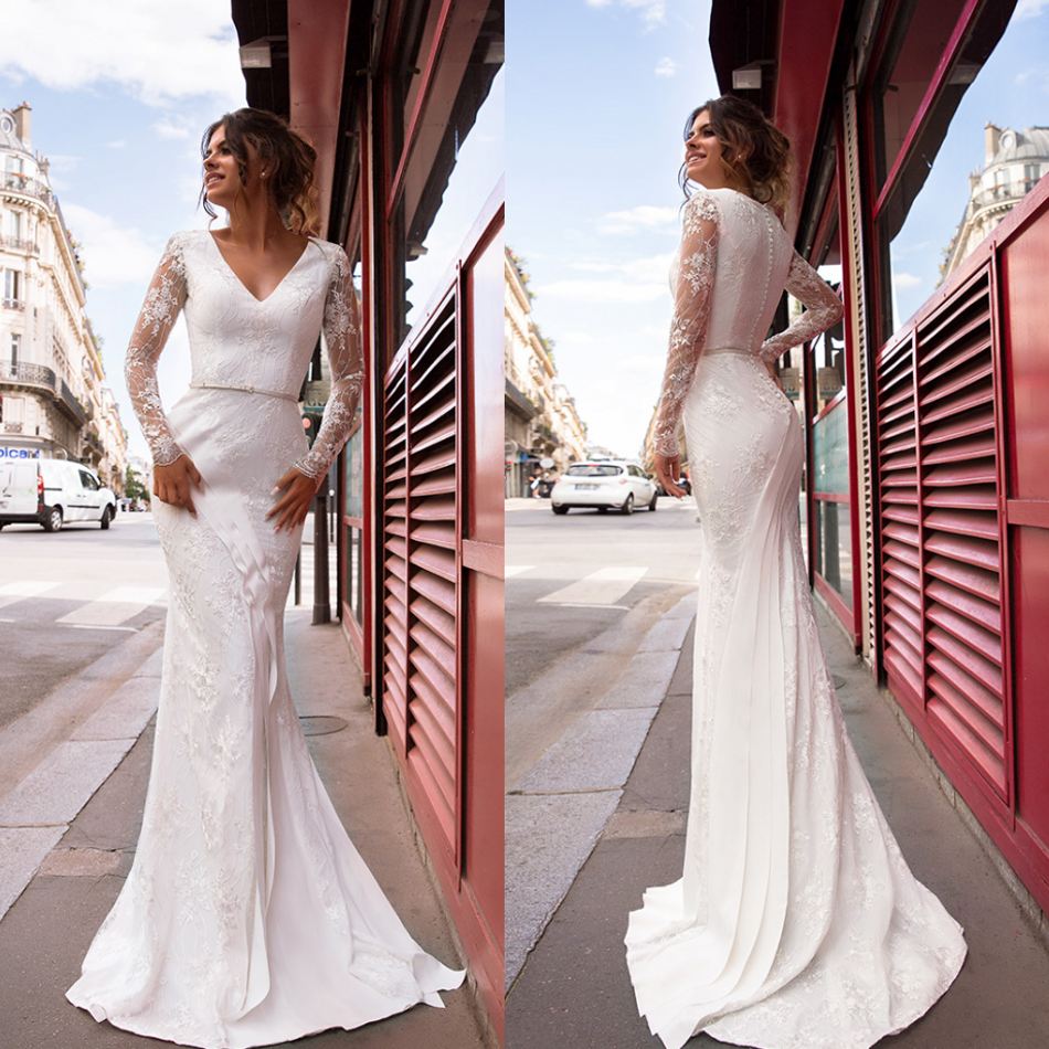 

Oksana Mukha Wedding Dresses V Neck Long Sleeves Button Back Bridal Gowns Custom Made Lace Appliques Sweep Train Mermaid Wedding Dress, Ivory