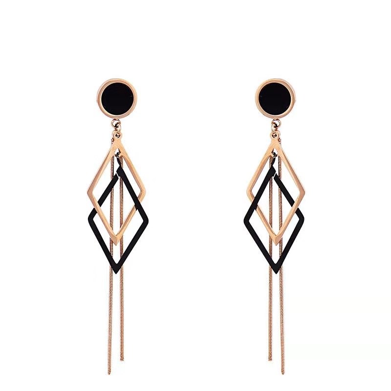 

New Fashion Women 18 K Rose Gold Filled Lab CZ Black Shell Twisted Rhombus Drop Dangle Earrings Exaggerate Europe Nickel free, Silver