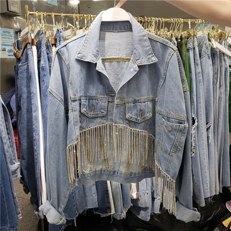 

Fashion Short Denim Jacket Women's Spring Autumn 2019 New Heavy Rhinestone Diamond Tassel Loose High Waist Coat Lady Jackets, Blue
