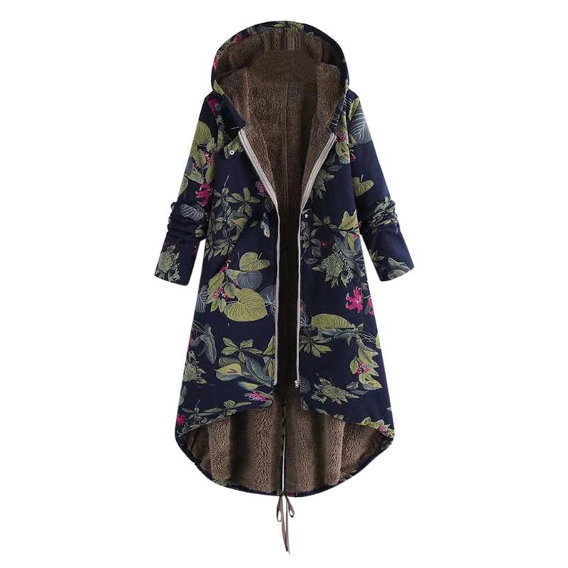 

5XL Plus Size Winter Women Jackets Coats Warm Floral Print Vintage Pockets Hooded Parka With Zipper Women Long Coats Clothes, White