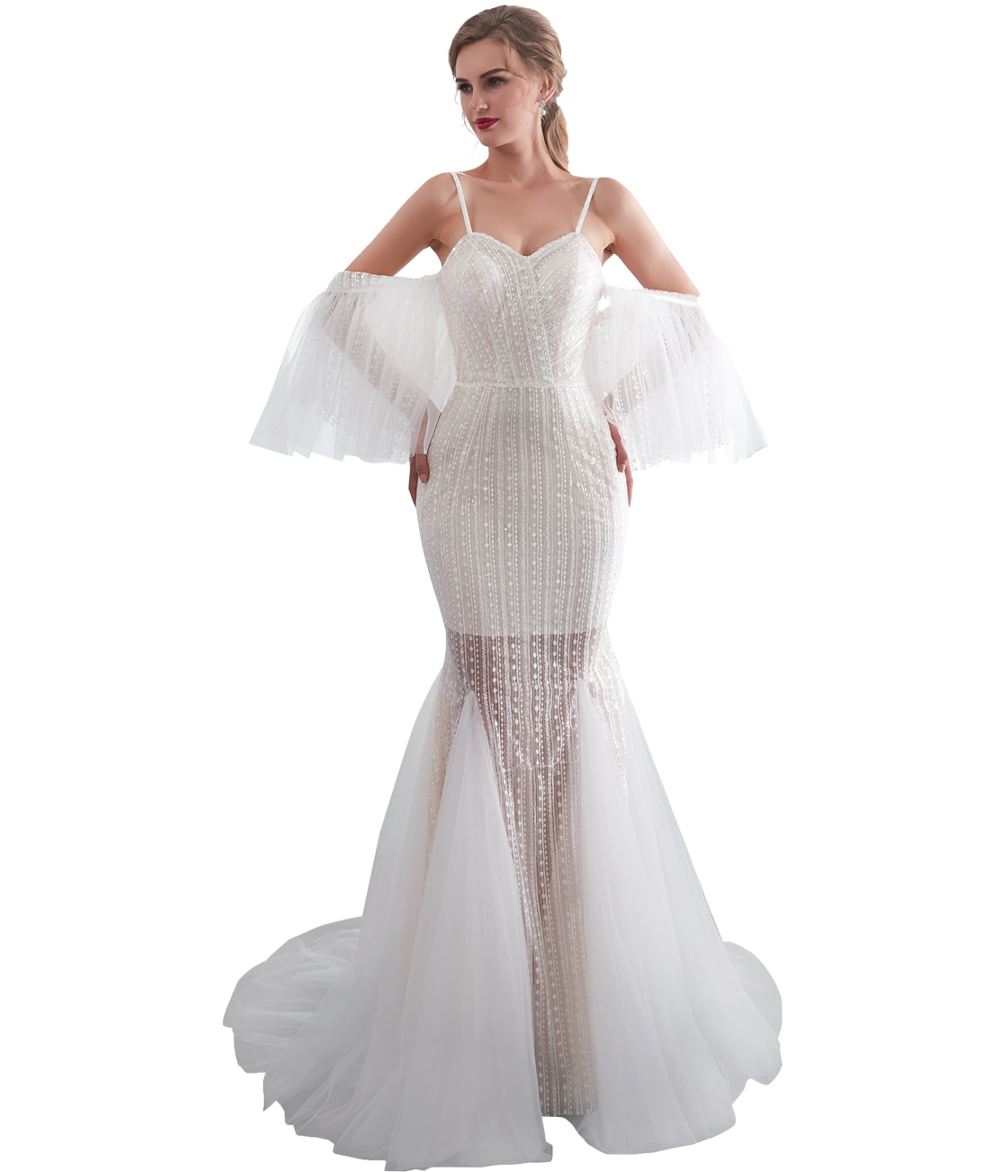 Sexy Spaghetti Strap Mermaid Wedding Dresses Sequins Beaded Tulle Tiered Skirt African Bridal Gown With Detachable Sleeve-image-435534574