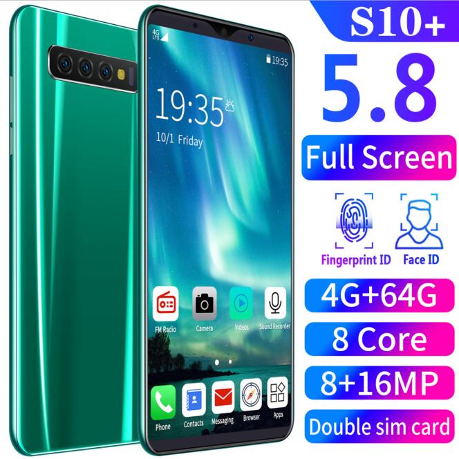 

2020 Hot Selling s10+ Unlocked 8+16MP 8 Core Dual SIM Real Smart Phone 5.8'' Android 8.0 Mobile 4G+ 64G