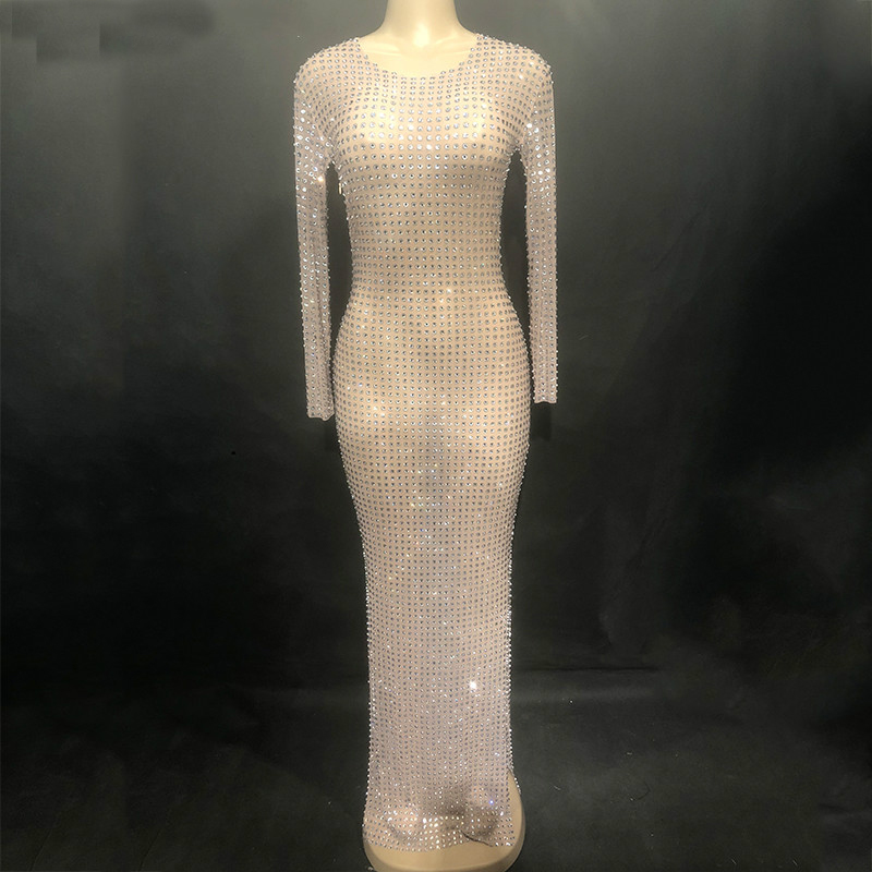 

Sexy Full Rhinestones Mesh Long Dress See Through Women's Fashion Birthday Dress Stage Female Singer Show Birthday Party, As pic
