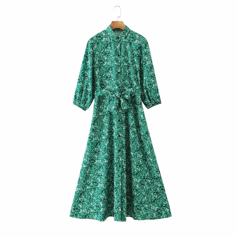 

XZ2449 Europe and the United States 2020 summer fashionable joker printed with belt dress female flowers, Green