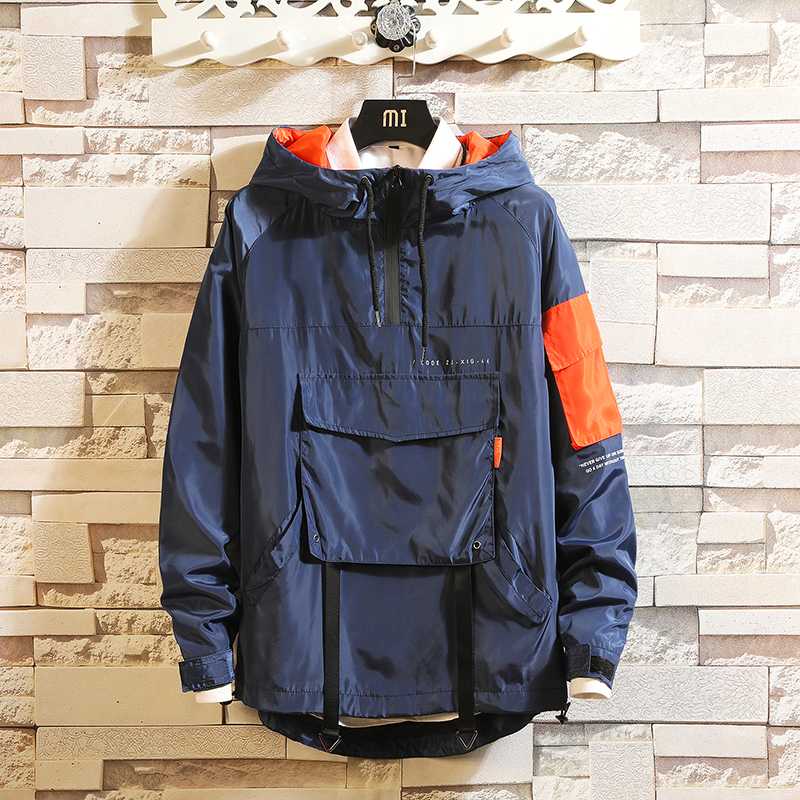 

Front Pocket Pullover Jackets Men 2020 Autumn Half Zipper Hoodie Jacket Male Hip Hop Casual Windbreaker Coat Streetwear, Black