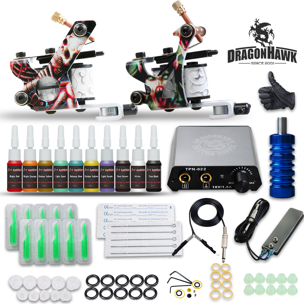 

Dragonhawk Complete Tattoo Kit 2 Guns 10 Color inks Power Supply D175GD-17