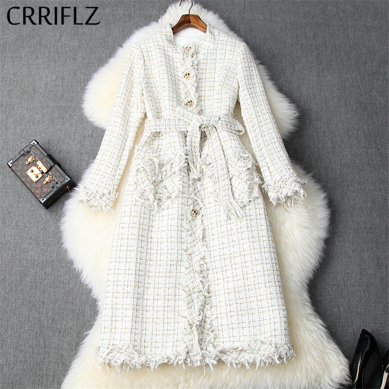

Winter Women Woolen Coat Tweed Tassel Beaded Single-breasted Lace-up Waist Coat Fashion Plaid Style Long Warm Woolen, Beige