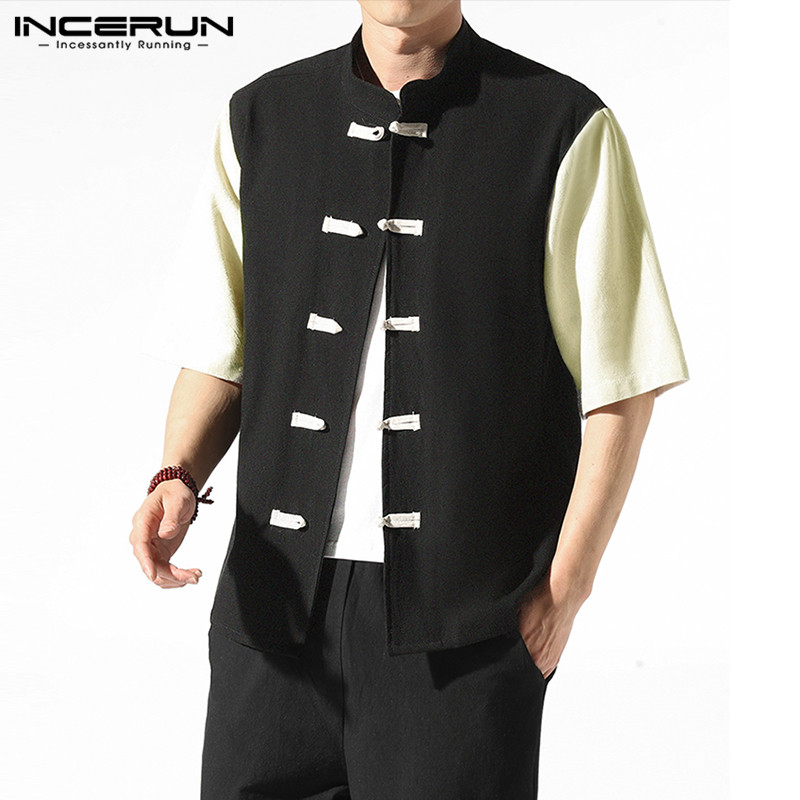 

2020 Summer Men Vintage Shirts Short Sleeve Stand Collar Shirt Chinese Tradition Cotton Buttons Patchwork Blouse Casual Camisa 7, Black