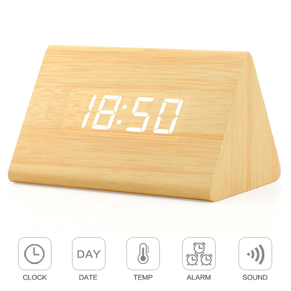 

Sound Control Wooden Clock 3Group Alarm Desk Clock 3Level Brightness Adjustable Wakeup Light With Time Date Temperature Display
