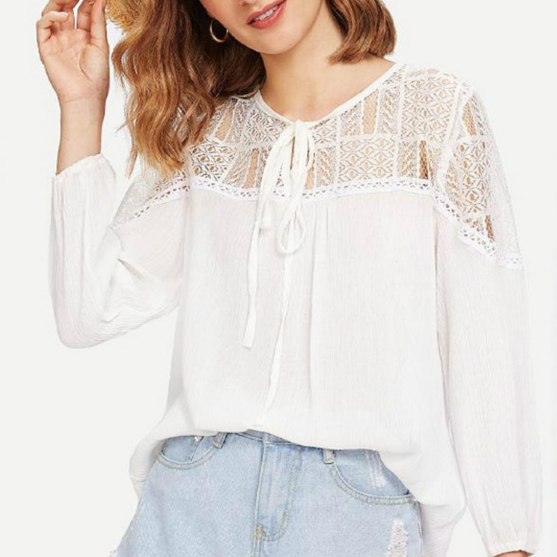 

Women White Chiffion Blouse 2019 Fashion Ladies Summer Loose Casual Lace-up Hollow Out Holiday Top Shirts