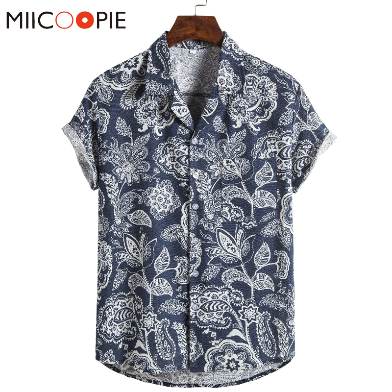 

Summer Tops For Men Casual Floral Printing Short Sleeved Loose Cotton Linen Hawaiian Henley Shirt Camisa Vintage Masculina -5XL, No.1