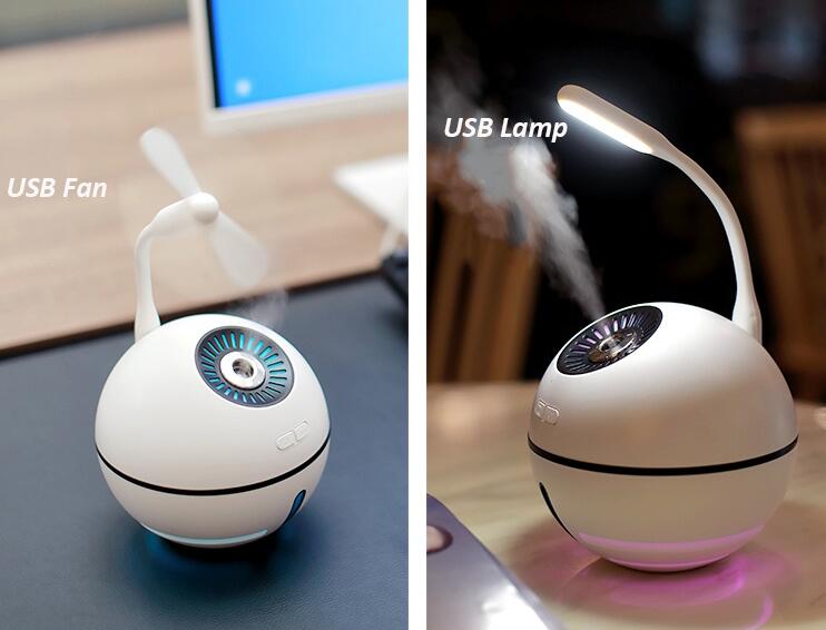 

4 in 1 Air Humidifier Rechargeable 2000mA built-in Lithium Battery Mini Ultrasonic Aroma Humidifier Diffuser with LED Light Fan