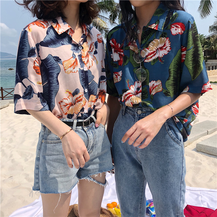 

Women Blouse and Tops Printed Vintage Korean Short Sleeve Casual Blusas Hawaiian Beach Female Lady Shirts, Green