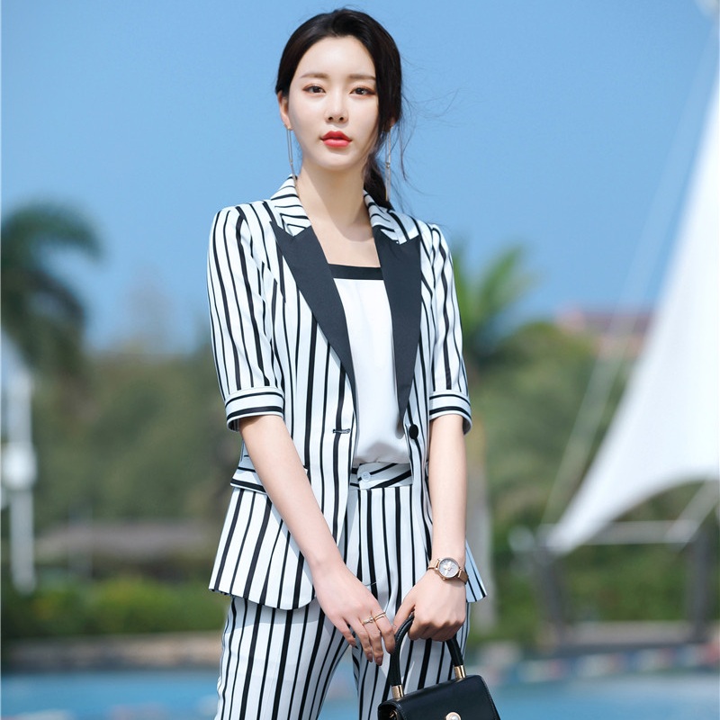 

Fashion Casual Ladies White Striped Blazer Women Half Sleeve Jackets Work Wear Female Clothes Elegant Styles, Blazer only
