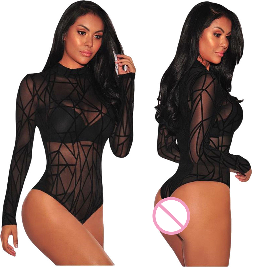 2020 new Sexy Solid Mesh Sheer Skinny Bodysuit Women Autumn Long Sleeve Sexy Body Office Female Basic Bodysuits T4190603