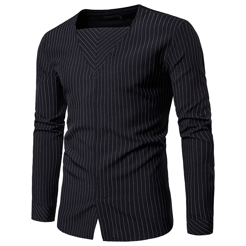 

2019 big men back behind the fall and winter fashion stripe design mixed colors Men square collar shirt, Black