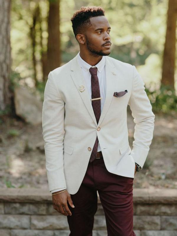 

ANNIEBRITNEY White 2 Piece Slim Men Suit With Burgundy Pants Tailor Made Skinny Groom Wedding Tuxedo Prom Wedding Men Suit Set, Same as picture