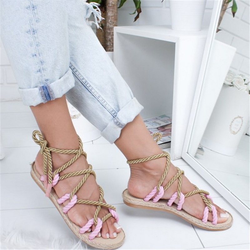 

2019 Fashion Summer Gladiator Sandals Non-slip Beach Chaussures Femme Women Sandals Woman Flat Rope Lace Up Shoes, Pink