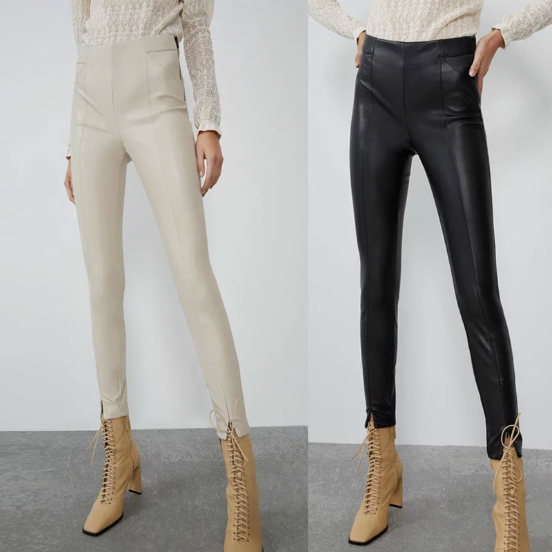 

Winter Thick Skinny PU Leather Pants Women Elastic High Waist Pants Zipper Sexy Joggers Ladies Pencil Trousers, Beige