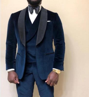 

2020 Fashion One Button Navy Blue Velvet Groom Tuxedos Groomsmen Shawl Lapel Mens Suits Blazers (Jacket+Pants+Vest+Tie, Black