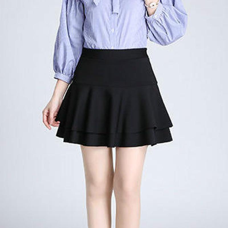 

Ladys Elastic high waisted pleated mini skirt Safety Pants Skirt Solid Casual Double-Layer Base jupe femme elegant#y2, Black