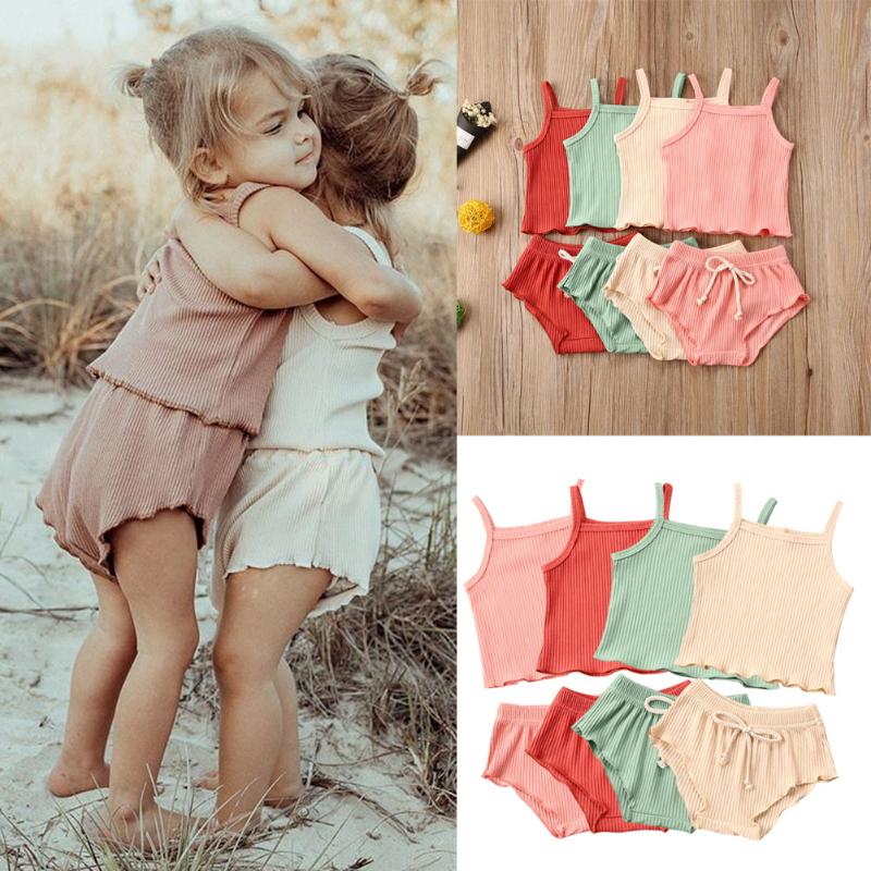 

Toddler Baby Girl Knitted Clothes Set Summer Vest Tank Top Ruffle Tops T-Shirt + shorts Outfits Set, Green