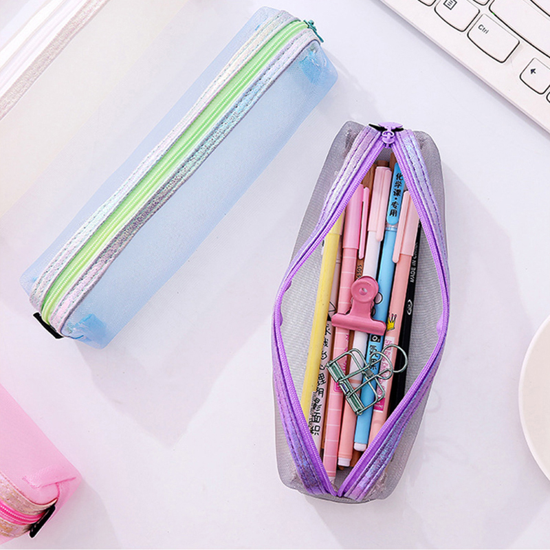 

Korean Net yarn Pencil Case Color transparent pen bag student school supplies Pink square pencilcase for girls stationery Bags