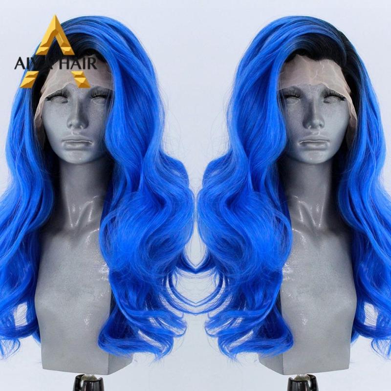 

Aiva Hair Cosplay Ombre Blue Lace Front Wig With Dark Roots Heat Resistant Wavy Synthetic Wig Glueless Long Wigs For Black Women