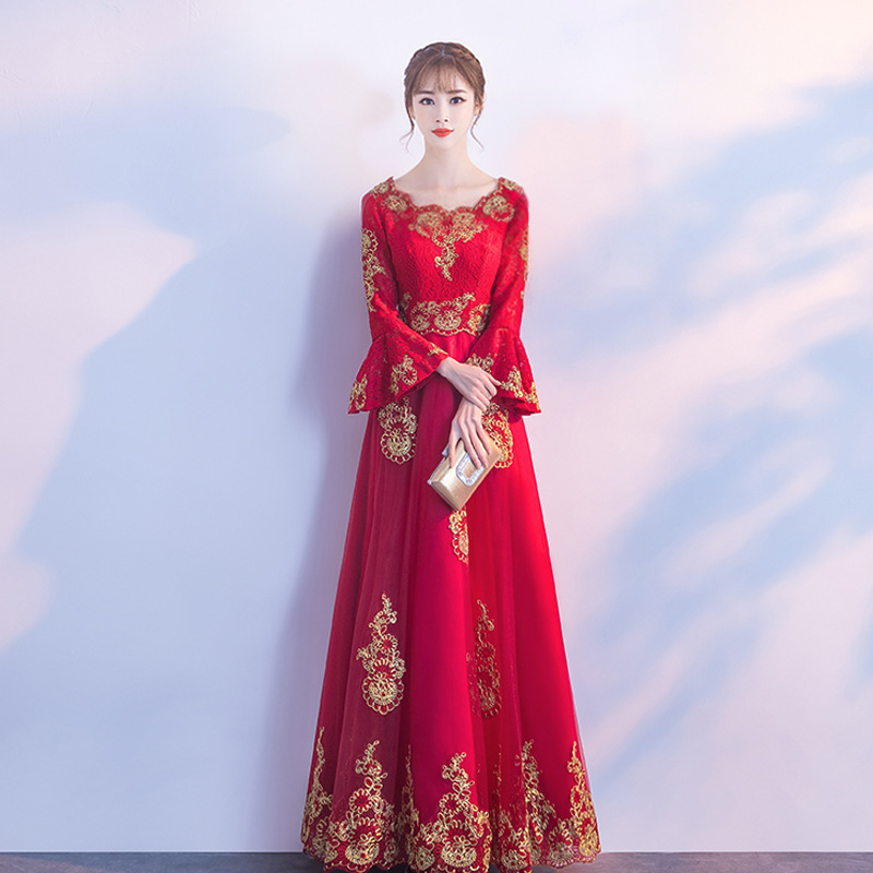Red Lace Embroidery Oriental Style Dresses Chinese Bride Vintage Traditional Wedding Cheongsam Dress Long Qipao Plus Size XS-3XL-image-453181735