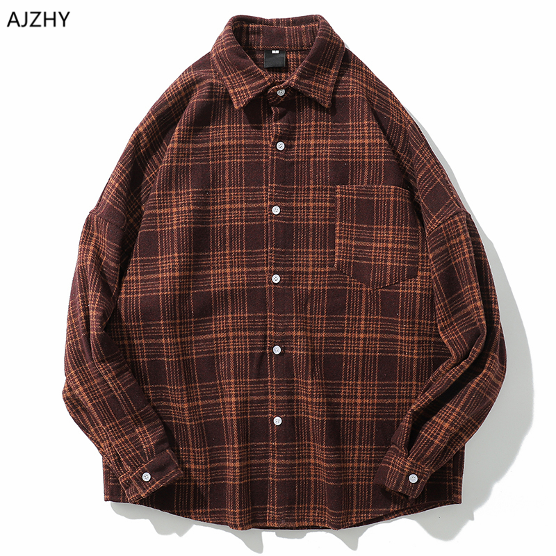 

Casual Men Shirt Long Sleeve Autumn Winter Thick Plaid flannel Shirts Mens of Women Vintage Japanese Streetwear Pocket Camisas, Beige