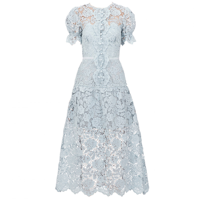 

2020 Winter new arrive light blue elegant women long dress embroidery lace party dress high quality, Sky blue