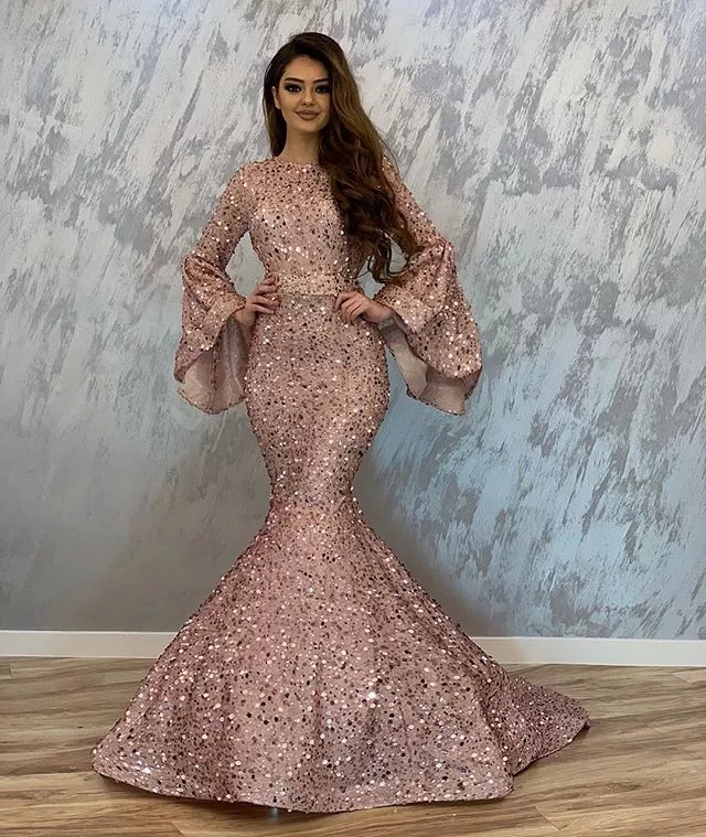 

2019 Rose Pink Mermaid Long Puffy Sleeve Women Evening Dress Sequin Beads BlingBling Dubai Arabic Formal Prom Gowns, Yellow