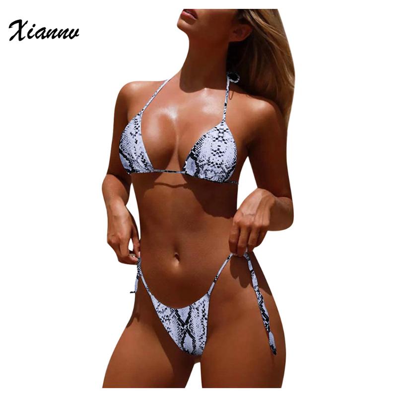 

Women Bikinis 2020 Sexy Snake Skin Print Lace Up High Cut Leg Bikini Set Two Piece Swimsuit Bandage Stripe gathered swimsuit