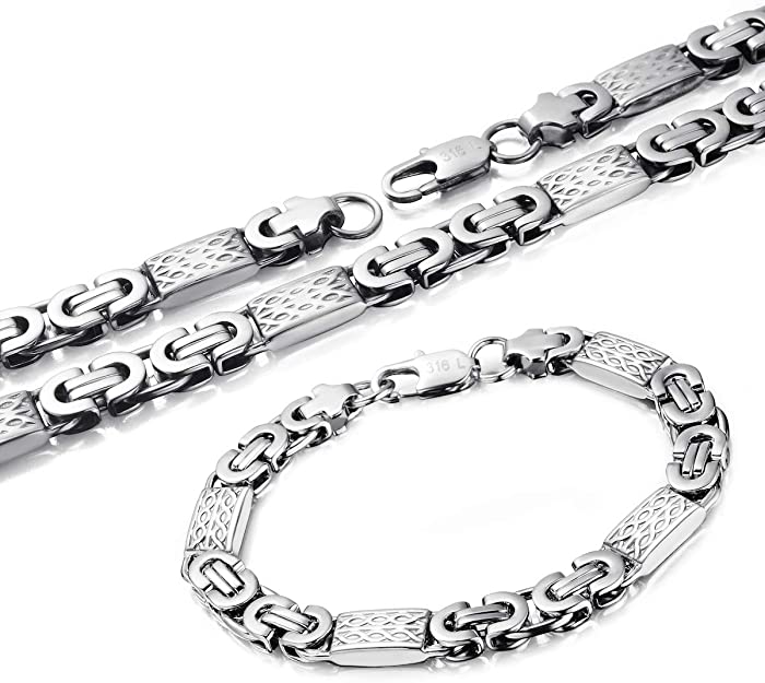 

Three kinds of Silver Byzantine Chain Bracelet Stainless Steel Necklace Set For Men Jewelry Gifts Statement Necklaces