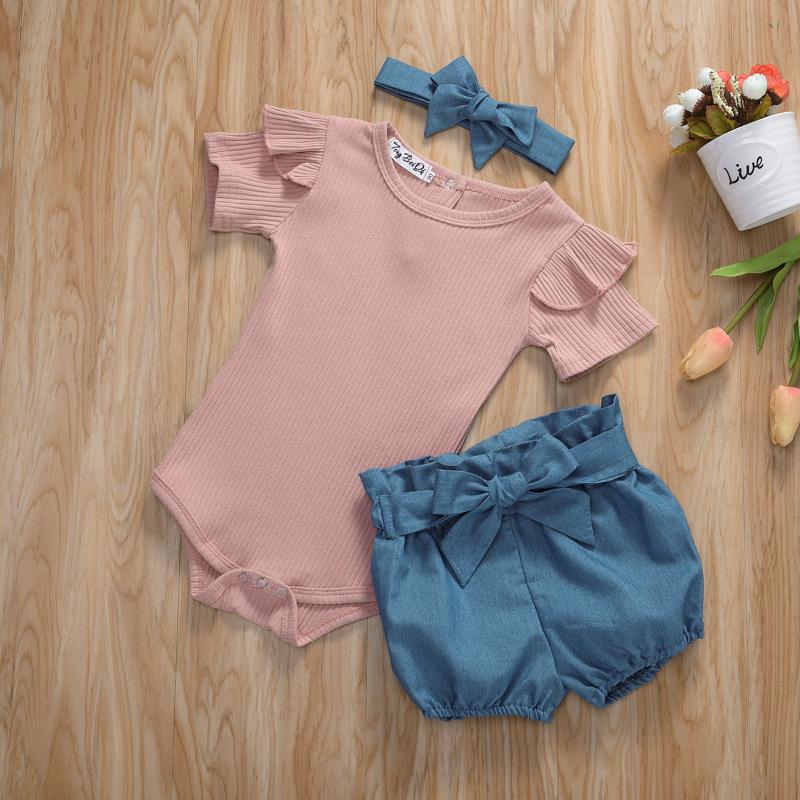 

Infant Newborn Baby Girl Kids Sunsuit Clothes Sets Short Sleeve Top Romper Bodysuit Pants Shorts Headband 3PCS Outfits, Khaki